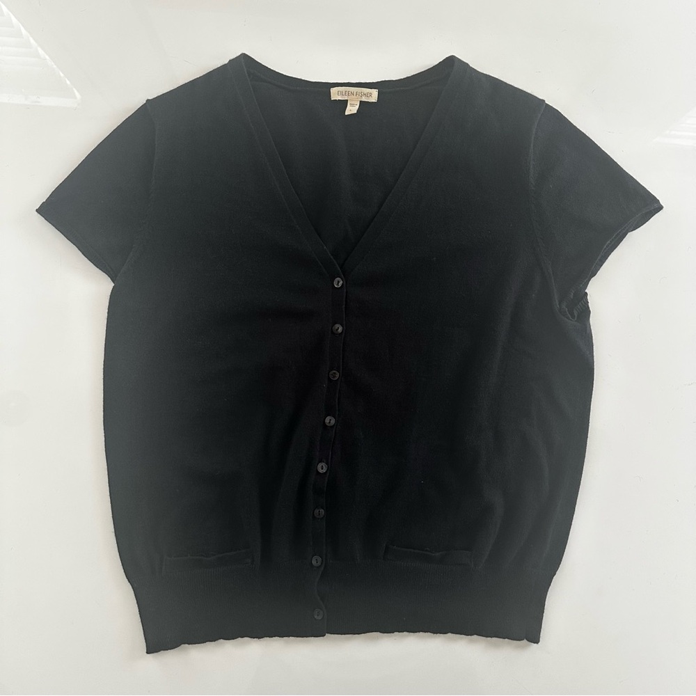 Eileen Fisher Black V-Neck Short Sleeve Button Cashmere  cotton blend Cardigan